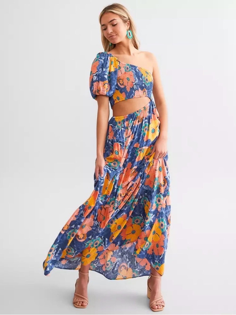 O'Neill Aya Floral One Shoulder Cutout Maxi Dress L — Boho Tropical Vibe
